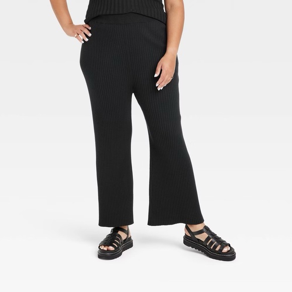Ava & Viv Plus Size High-Rise Ribbed Sweater Pants Black 1X - Picture 1 of 3